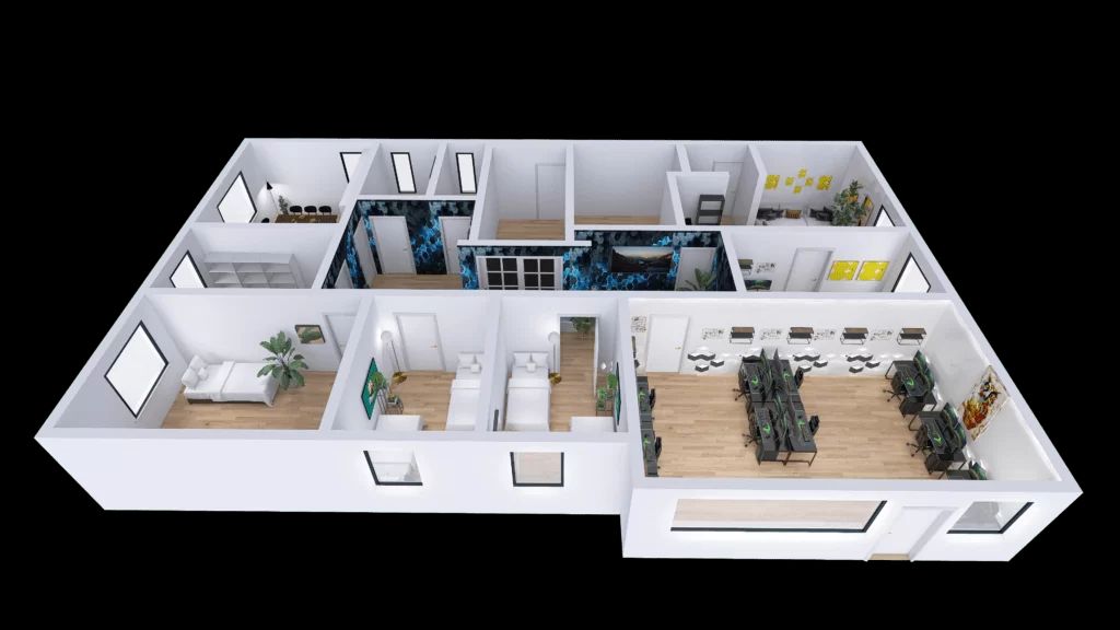 3D location overview of GOME Facility with rooms, gaming zone and shared areas